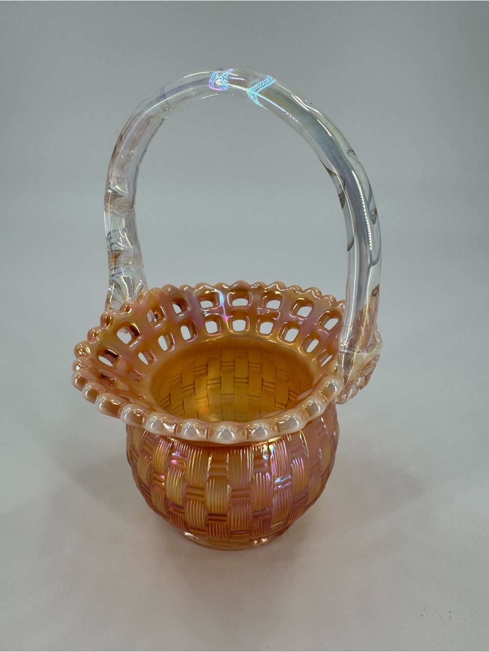 Vintage Fenton Marigold Carnival Glass Lattice Basketweave Open Edge Basket